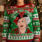 close up of an illustrated elderly woman portrait on a christmas sweater