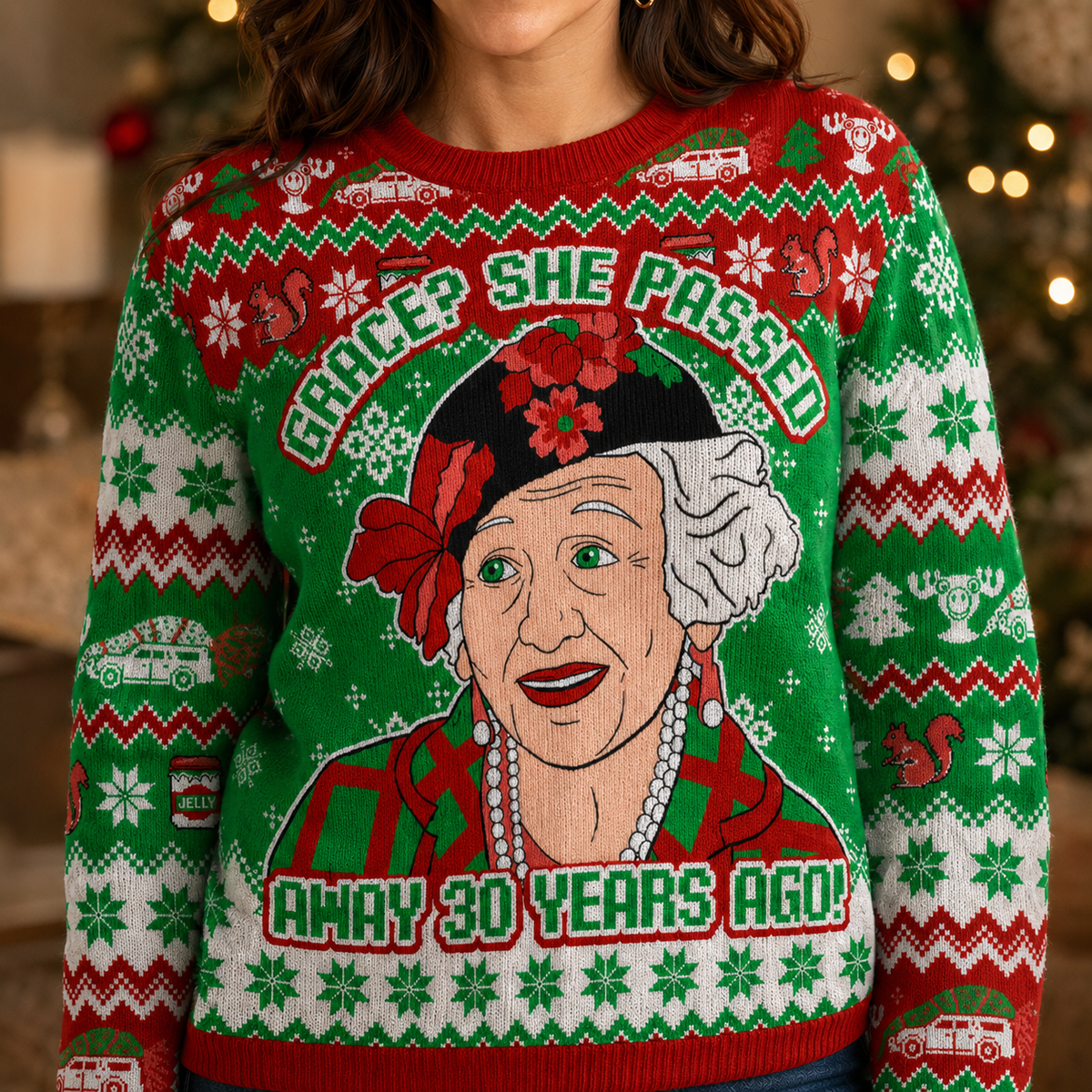 close up of an illustrated elderly woman portrait on a christmas sweater