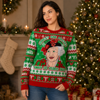 side view of a red and green knit holiday jumper with snowflake