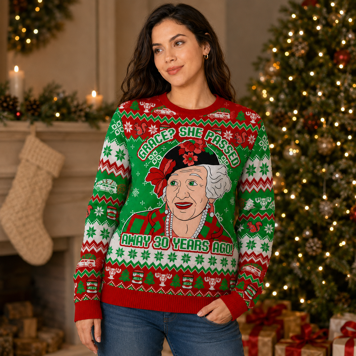 side view of a red and green knit holiday jumper with snowflake