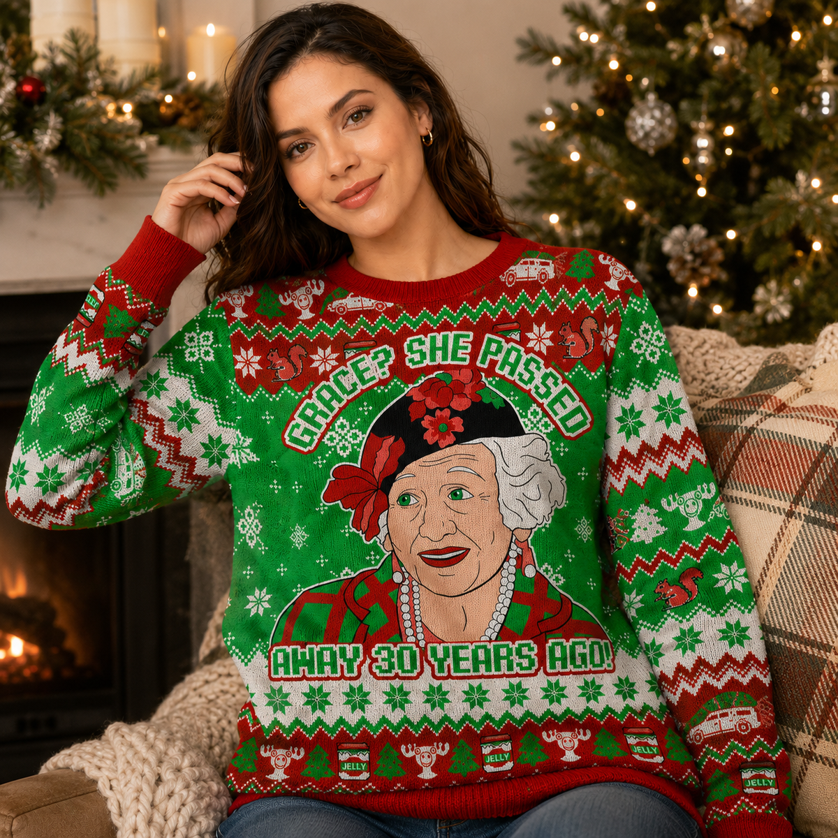 Grace She Passed Away 30 Years Ago Ugly Christmas Sweater, Funny Holiday Jumper, Christmas Vacation Style Knit, Gifts For Grandparents