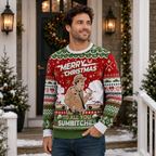 man wearing a red and green ugly christmas sweater with Sheriff Buford