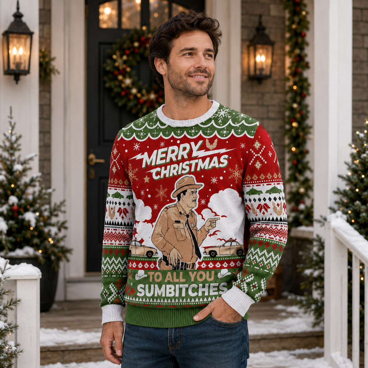 man wearing a red and green ugly christmas sweater with Sheriff Buford