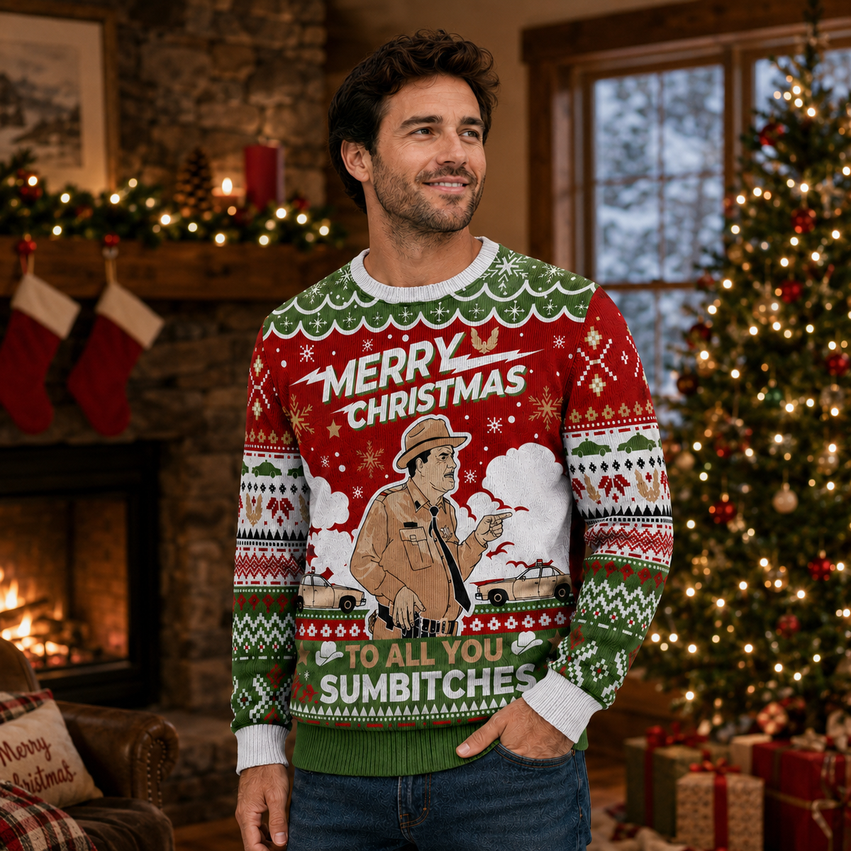 Sheriff Buford T Justice Merry Christmas To All You Sumbitches Ugly Christmas Sweater, Bandit Christmas Jumper, Funny Xmas Knit Gifts For Him