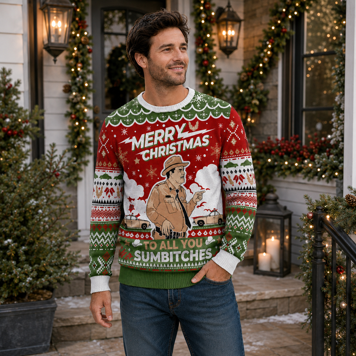 Sheriff Buford T Justice Merry Christmas To All You Sumbitches Ugly Christmas Sweater, Bandit Christmas Jumper, Funny Xmas Knit Gifts For Him