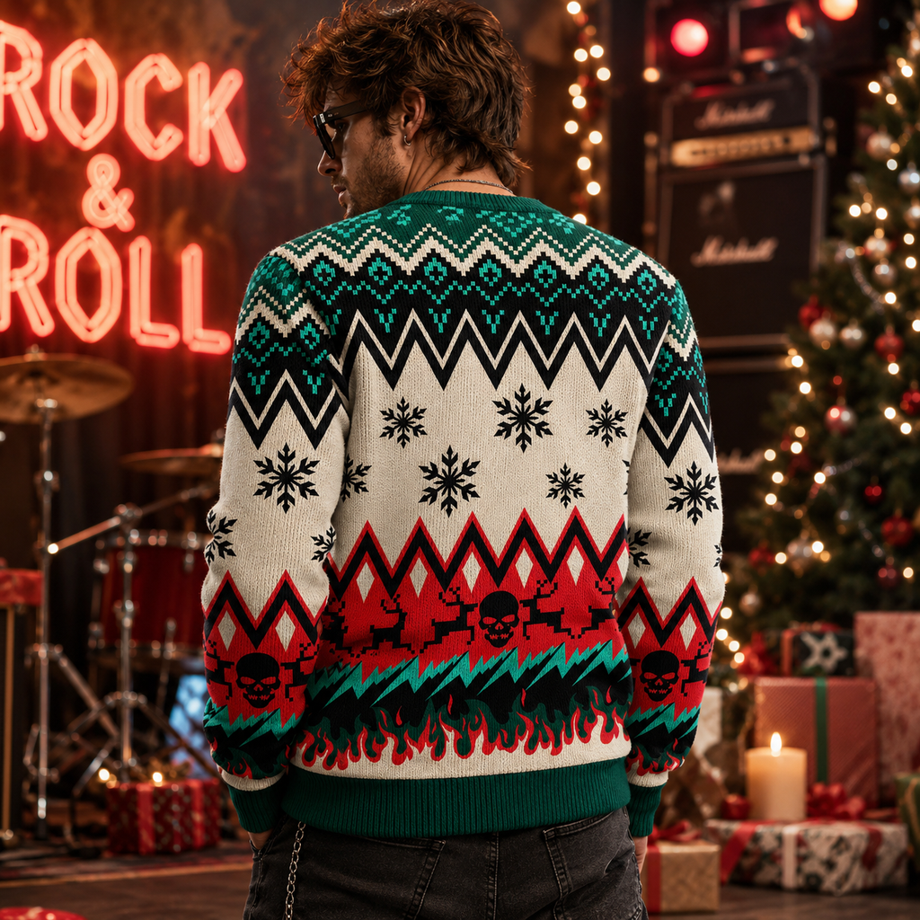 back of a knitted christmas sweater showing snowflake and red flame pattern