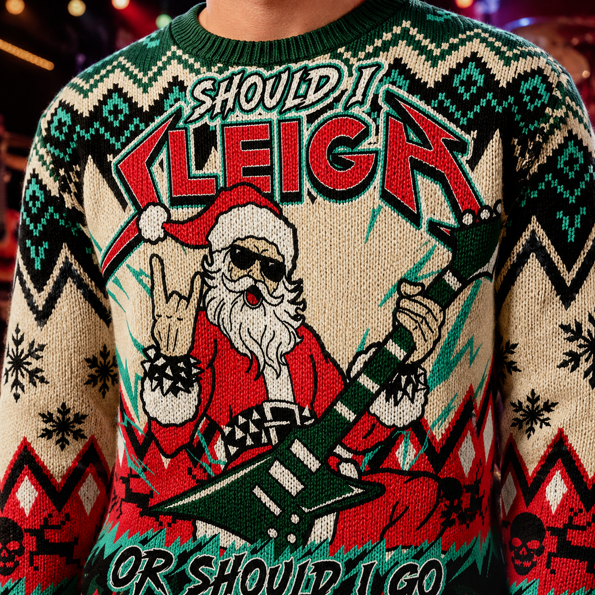 close up of the santa guitar design and printed quote on the