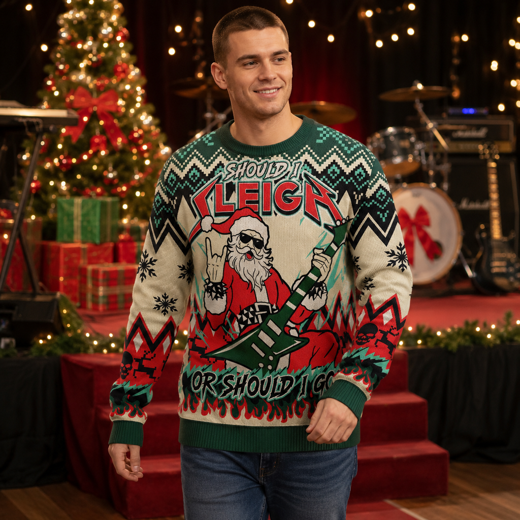 Should I Leigh Or Should I Go Ugly Christmas Sweater, Santa Guitar Jumper, Knit Holiday Sweater Gifts For Him