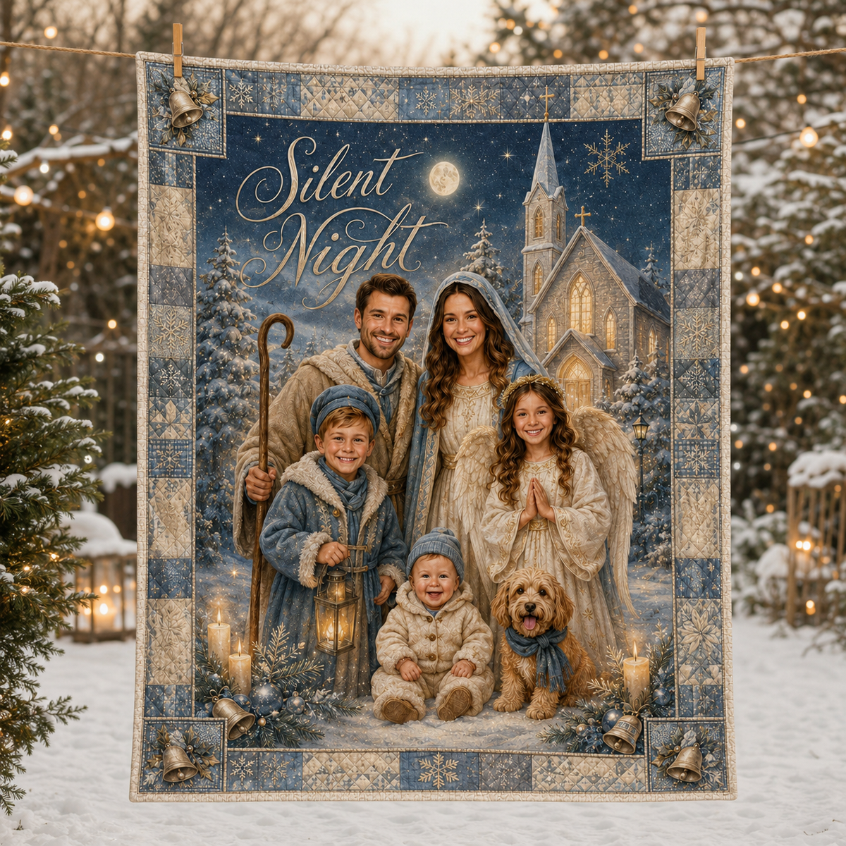 blue and cream christmas blanket with family portrait and church