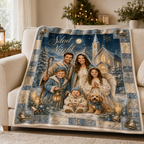woman holding a nativity family custom blanket on a chair