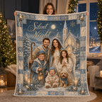 woman displaying a Silent Night family photo blanket indoors