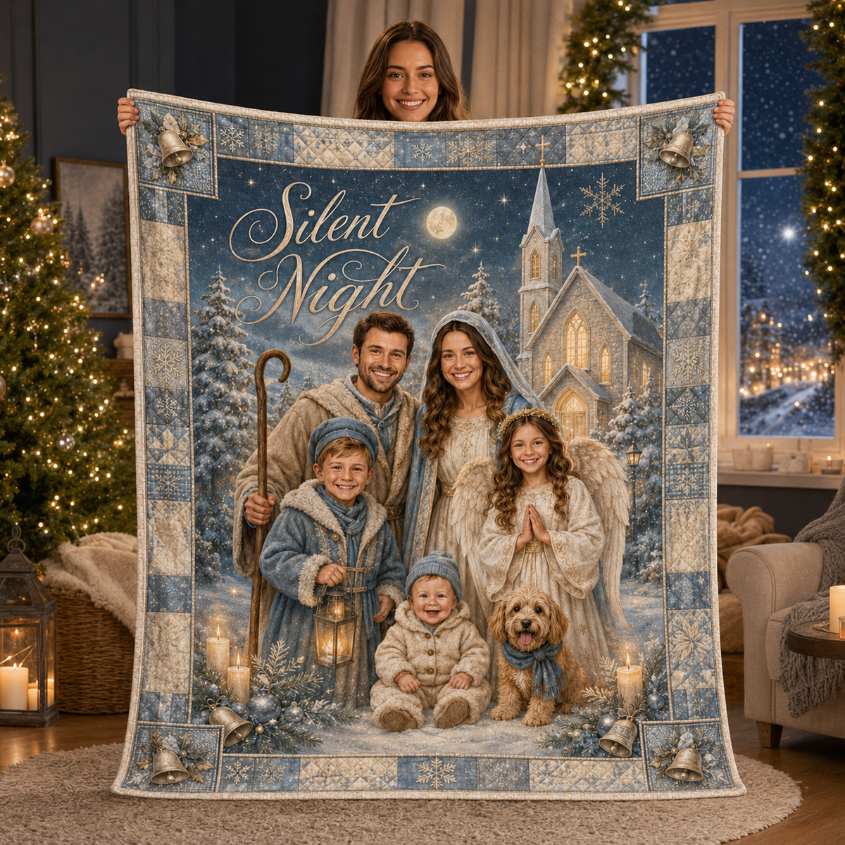 woman displaying a Silent Night family photo blanket indoors