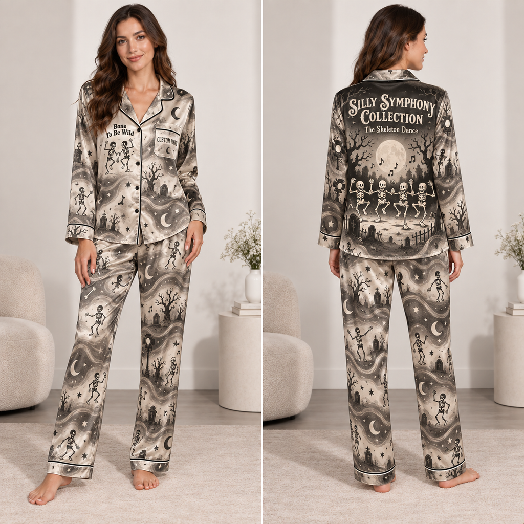 front view of skeleton dance halloween satin pajama set
