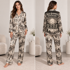 front view of skeleton dance halloween satin pajama set