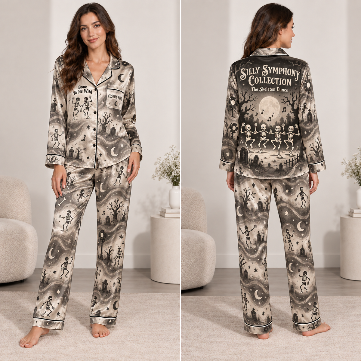 front view of skeleton dance halloween satin pajama set