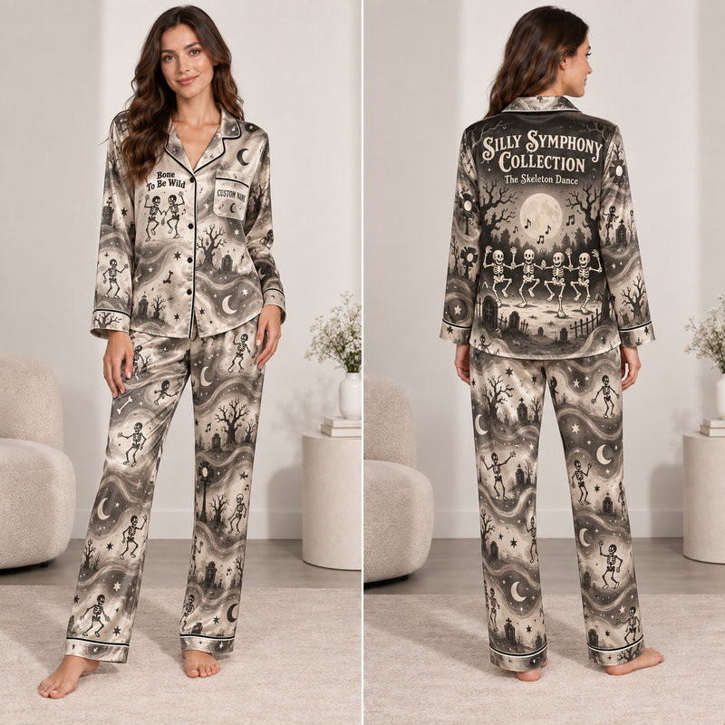 front view of skeleton dance halloween satin pajama set
