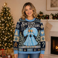 ugly christmas sweater with sisters sisters quote and two figures in blue