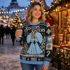 woman wearing sisters sisters holiday knit sweater at a christmas market