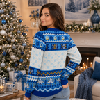 back view of a blue knitted christmas sweater showing fair isle bands