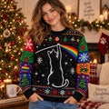 woman wearing a sitting cat with rainbow ugly christmas sweater in a