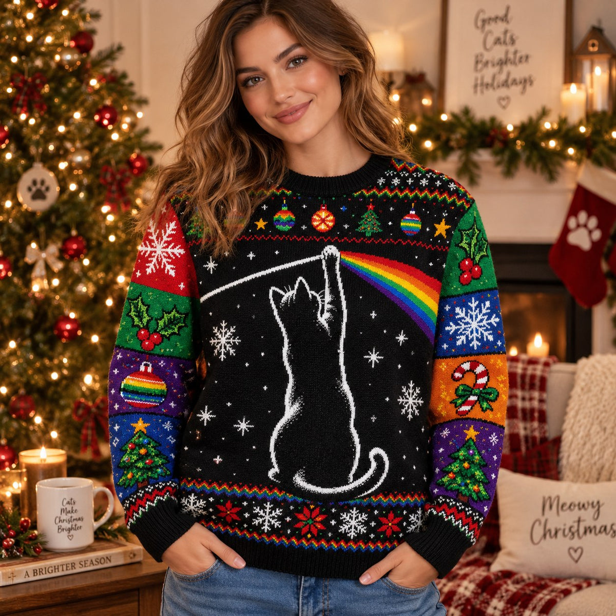 woman wearing a sitting cat with rainbow ugly christmas sweater in a