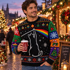man wearing a sitting cat with rainbow ugly christmas sweater at an