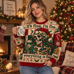 woman holding a mug in an ugly christmas sweater featuring a skeleton
