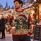man drinking takeaway coffee outdoors in a funny skeleton tangled in lights