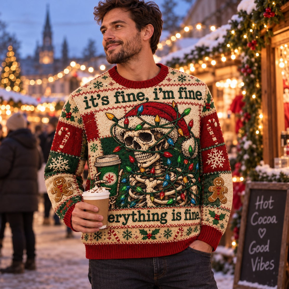 man drinking takeaway coffee outdoors in a funny skeleton tangled in lights