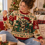 woman holding string lights in a festive ugly christmas sweater with a