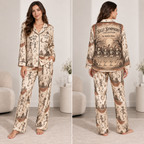 Satin pajama set with Skeleton Dance print on a model