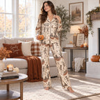 Close up of personalized satin pajamas on a sitting model