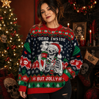 woman wearing a skeleton dead inside ugly christmas sweater in a festive