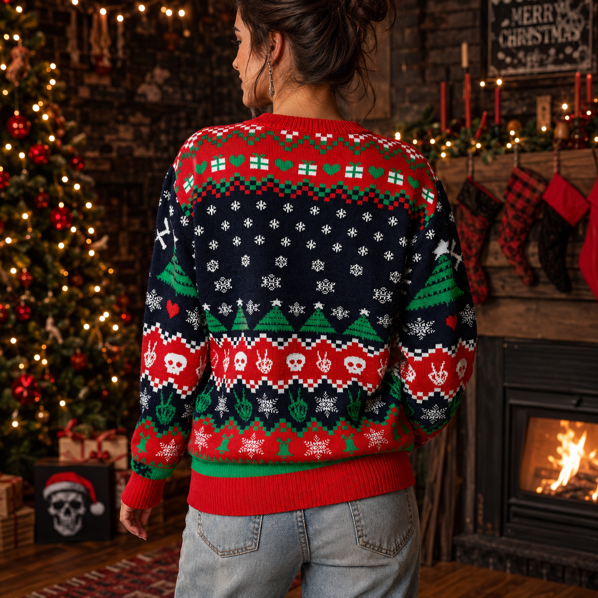 back view of a knitted ugly christmas sweater showing the fair isle