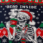 close up of the skeleton in santa hat and coffee mug design