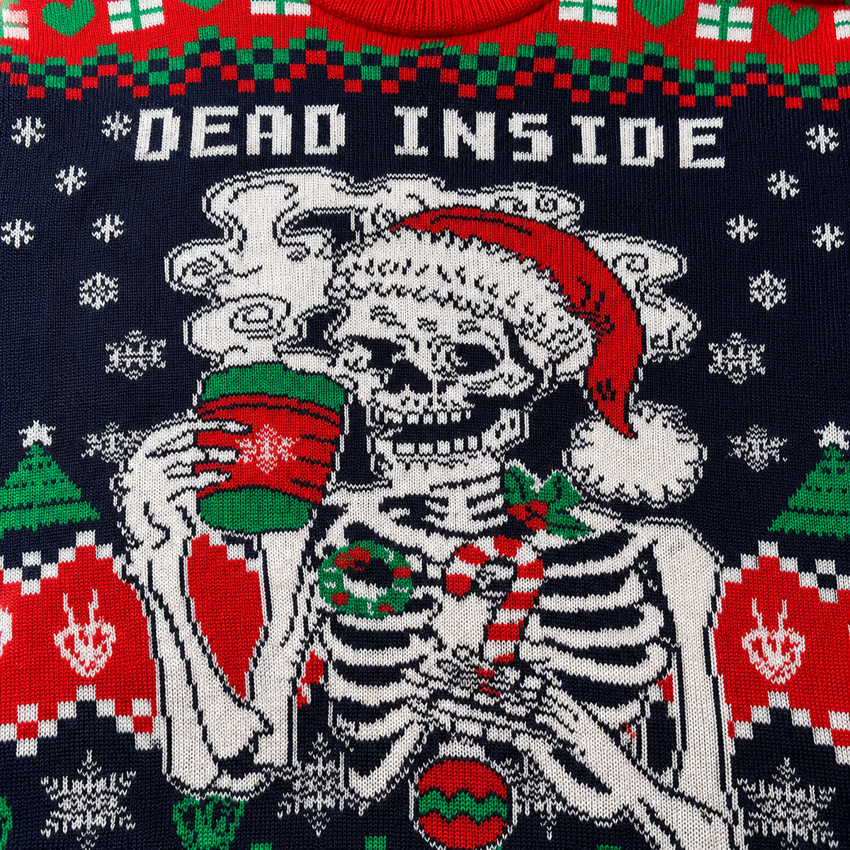 close up of the skeleton in santa hat and coffee mug design