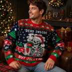 man wearing the dead inside but jolly af ugly christmas sweater on