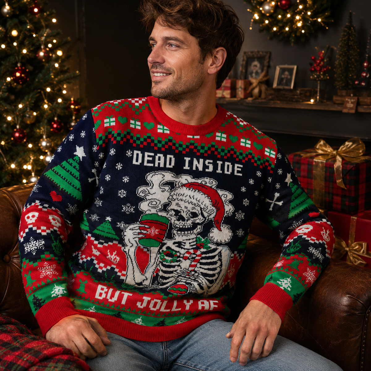 man wearing the dead inside but jolly af ugly christmas sweater on