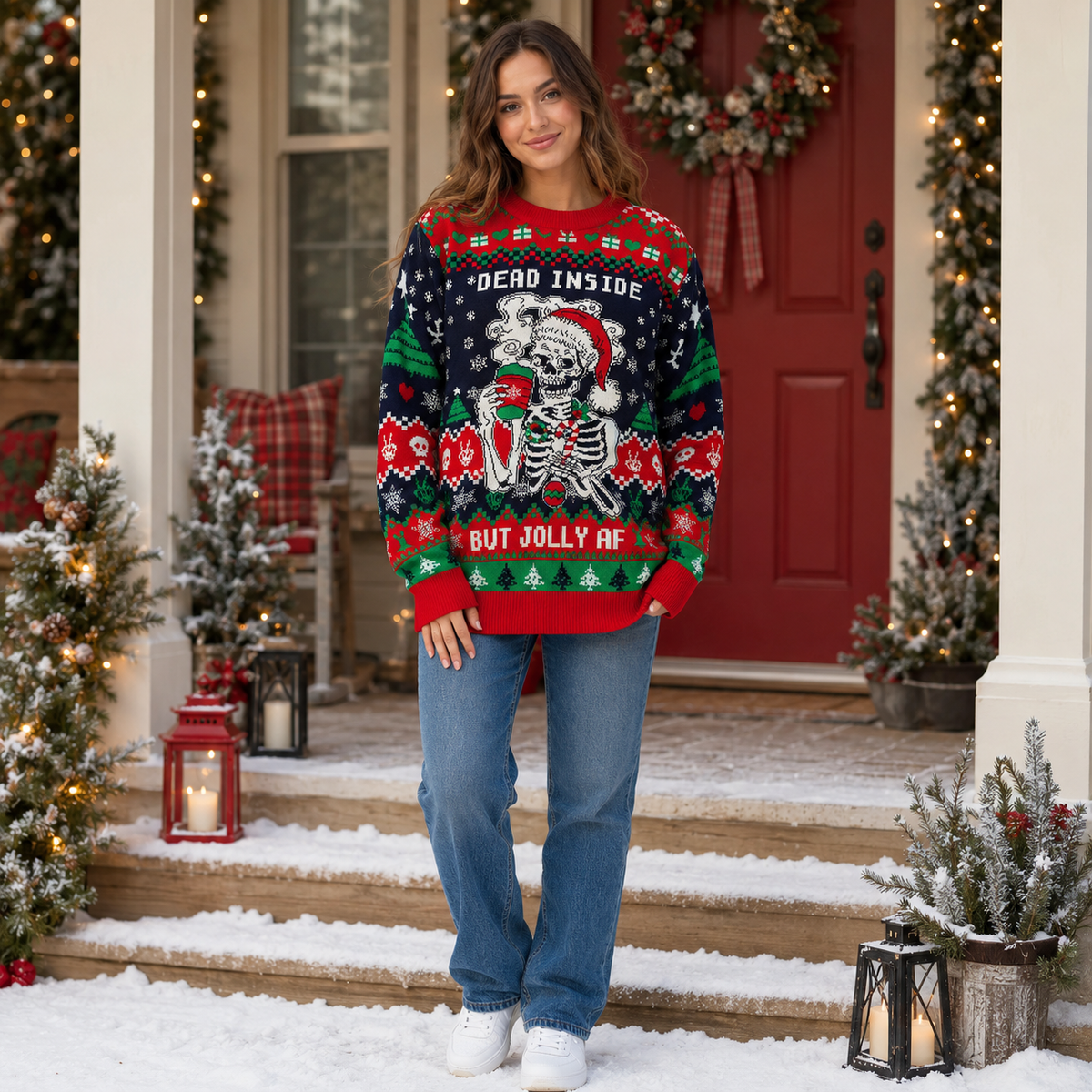 Skeleton In Santa Hat Dead Inside But Jolly AF Ugly Christmas Sweater, Coffee Xmas Jumper, Horror Holiday Knit Gifts For Him