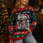 Skeleton In Santa Hat Dead Inside But Jolly AF Ugly Christmas Sweater, Coffee Xmas Jumper, Horror Holiday Knit Gifts For Him