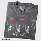 folded pepper grey graphic tee with skeleton and red balloon comic print
