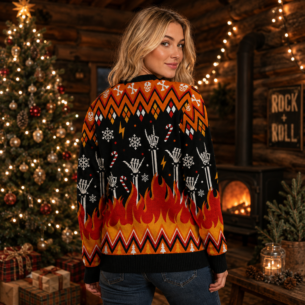 back view of black santa jumper showing knitted flames, skulls and crossbones