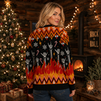 back view of black santa jumper showing knitted flames, skulls and crossbones