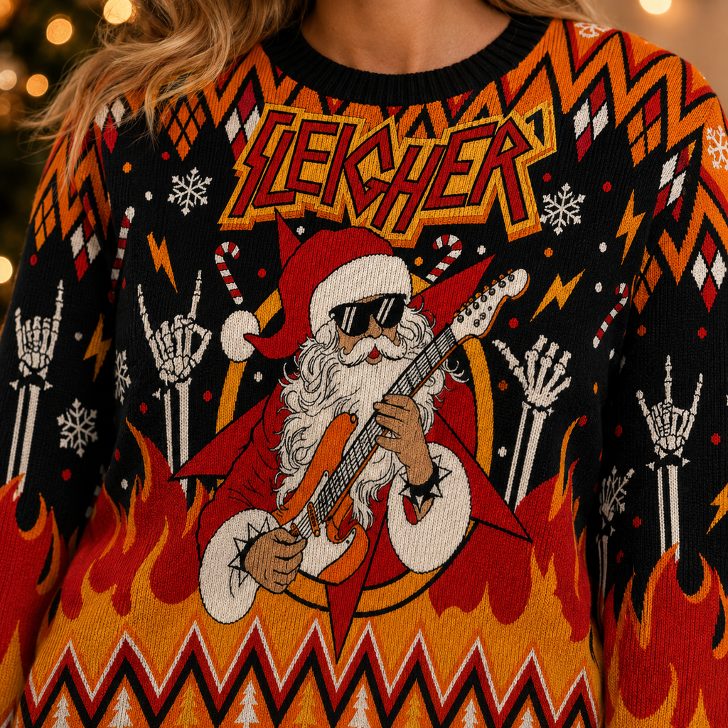 close up of jacquard knit skull santa guitar pattern on the front