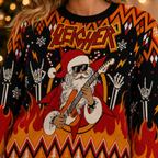 close up of jacquard knit skull santa guitar pattern on the front