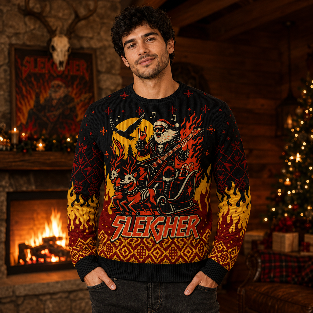 knitted ugly christmas sweater showing metal santa playing electric guitar on a