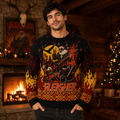 knitted ugly christmas sweater showing metal santa playing electric guitar on a