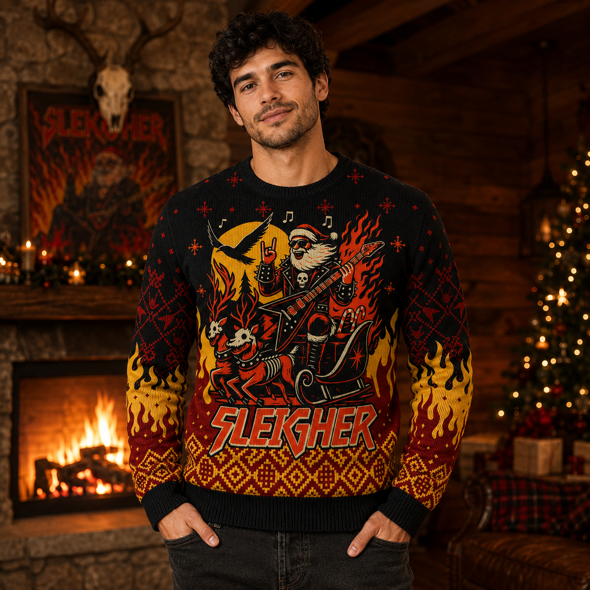 knitted ugly christmas sweater showing metal santa playing electric guitar on a