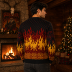 back view of a knitted ugly christmas sweater with a tall flame