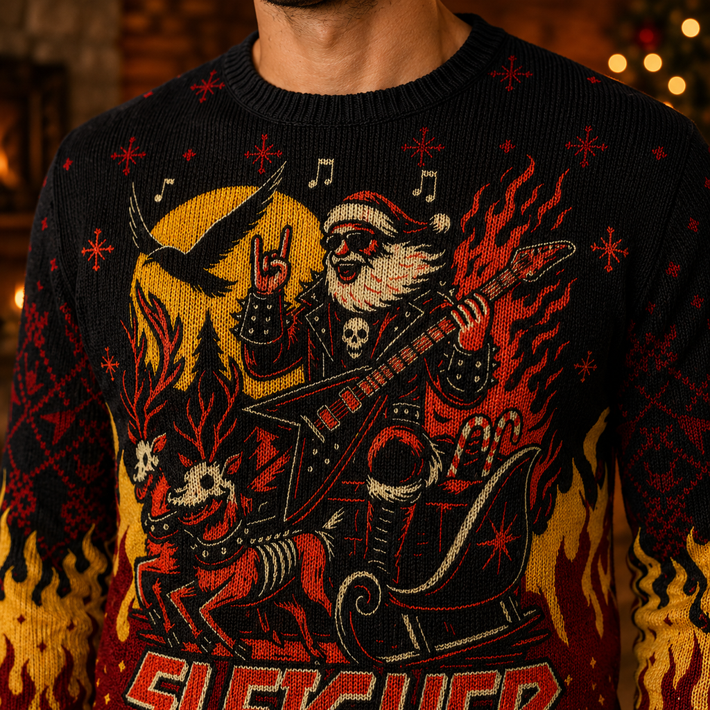 close up of the knitted chest artwork on a black red and